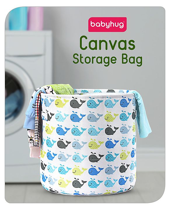 Babyhug Round Canvas Foldable Laundry Bag with Handles Whale Print - White| Storage Basket for Toys & Used Clothes| Washable & Lightweight Organizer for Kids Room