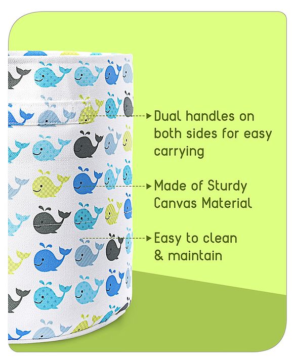 Babyhug Round Canvas Foldable Laundry Bag with Handles Whale Print - White| Storage Basket for Toys & Used Clothes| Washable & Lightweight Organizer for Kids Room