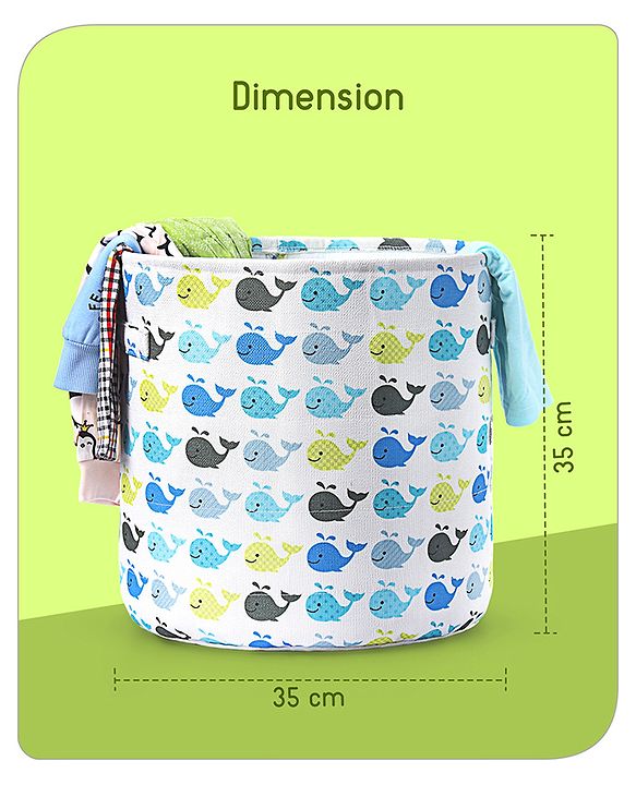 Babyhug Round Canvas Foldable Laundry Bag with Handles Whale Print - White| Storage Basket for Toys & Used Clothes| Washable & Lightweight Organizer for Kids Room