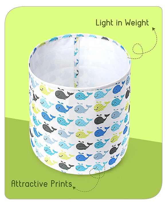 Babyhug Round Canvas Foldable Laundry Bag with Handles Whale Print - White| Storage Basket for Toys & Used Clothes| Washable & Lightweight Organizer for Kids Room