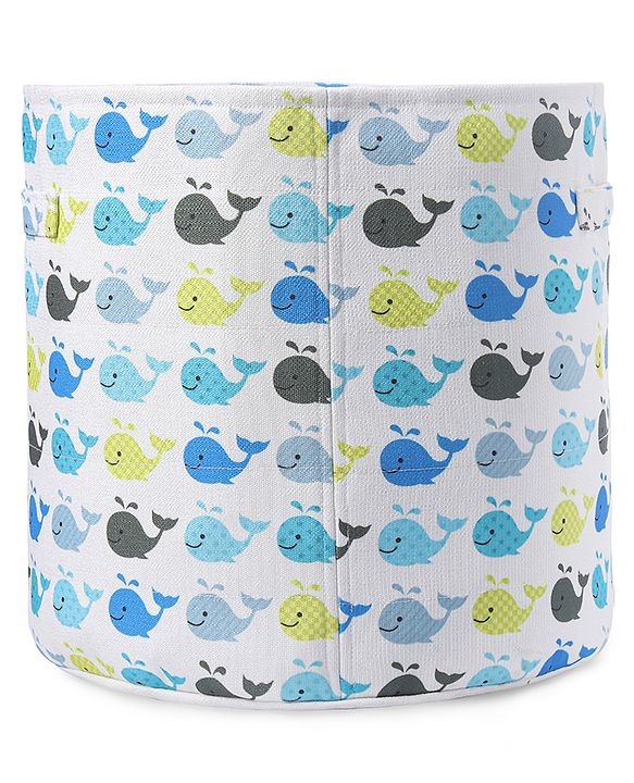 Babyhug Round Canvas Foldable Laundry Bag with Handles Whale Print - White| Storage Basket for Toys & Used Clothes| Washable & Lightweight Organizer for Kids Room