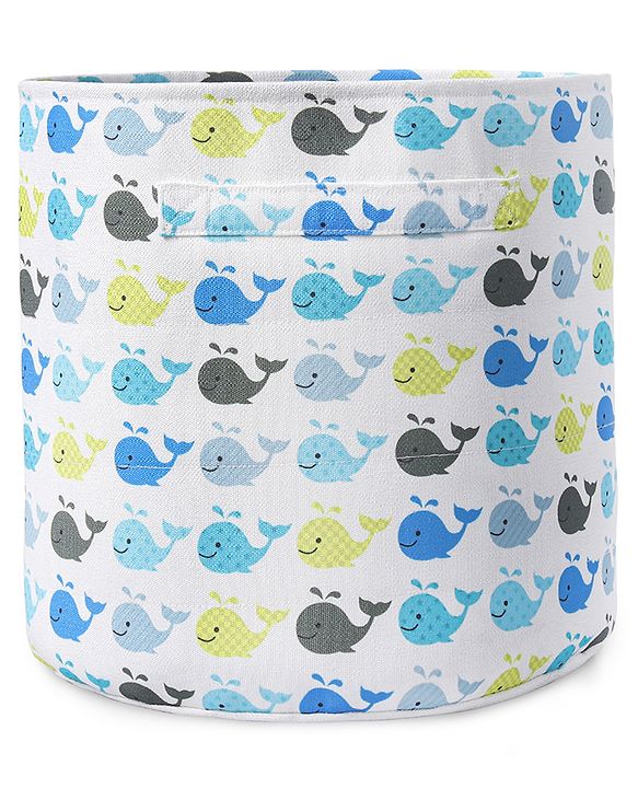Babyhug Round Canvas Foldable Laundry Bag with Handles Whale Print - White| Storage Basket for Toys & Used Clothes| Washable & Lightweight Organizer for Kids Room