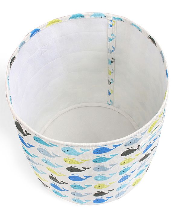 Babyhug Round Canvas Foldable Laundry Bag with Handles Whale Print - White| Storage Basket for Toys & Used Clothes| Washable & Lightweight Organizer for Kids Room