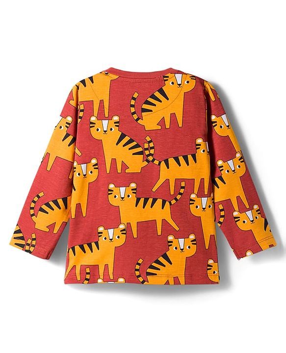 Babyhug Cotton Knit Full Sleeves Co-Ord Night Suit with Animal Print - Brown