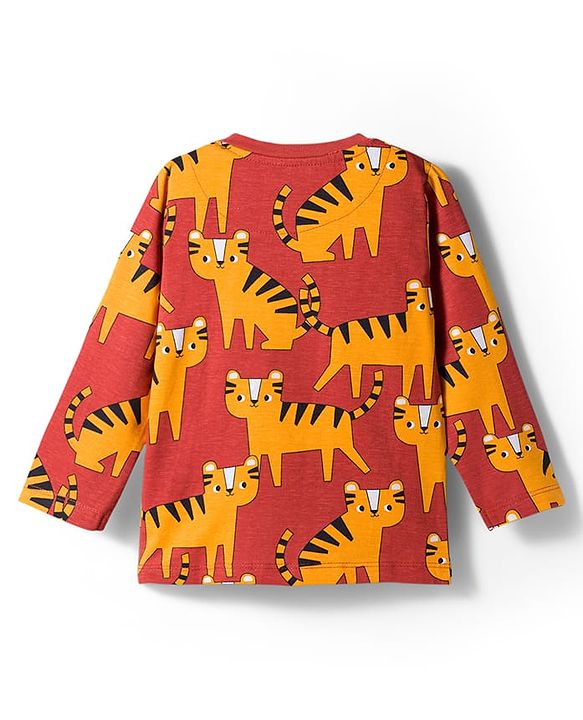 Babyhug Cotton Knit Full Sleeves Co-Ord Night Suit with Animal Print - Brown