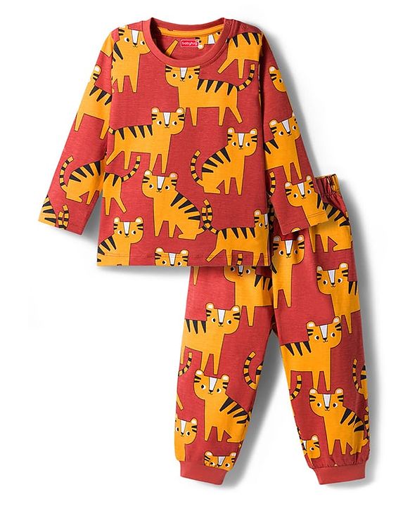 Babyhug Cotton Knit Full Sleeves Co-Ord Night Suit with Animal Print - Brown