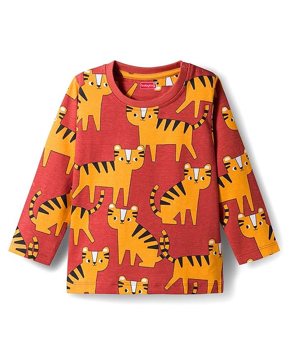 Babyhug Cotton Knit Full Sleeves Co-Ord Night Suit with Animal Print - Brown