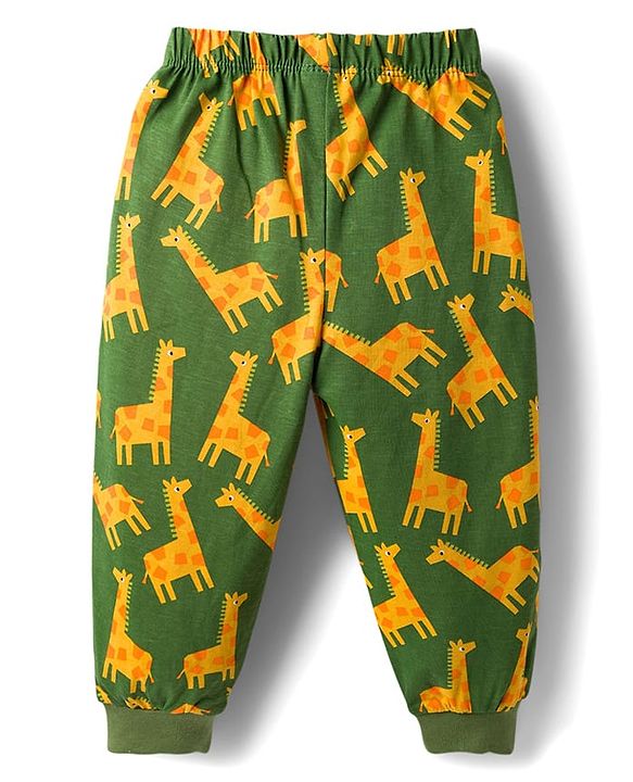 Babyhug Cotton Knit Full Sleeves Co-Ord Night Suit with Animal Print - Green