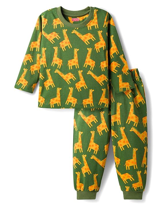 Babyhug Cotton Knit Full Sleeves Co-Ord Night Suit with Animal Print - Green