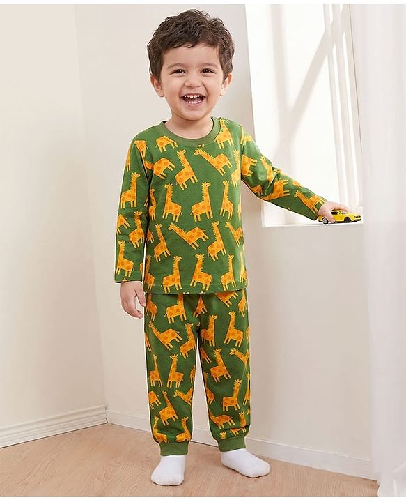 Babyhug Cotton Knit Full Sleeves Co-Ord Night Suit with Animal Print - Green