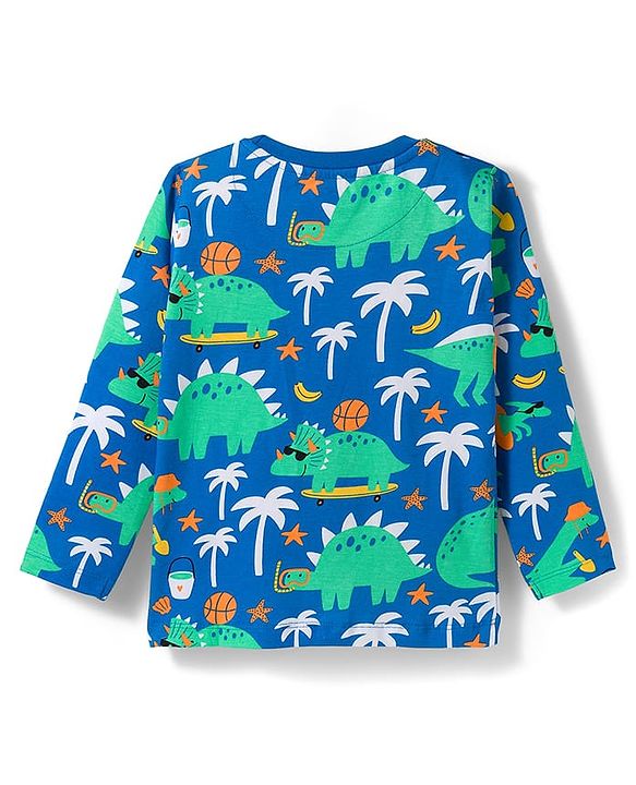 Babyhug Cotton Knit Full Sleeves Co-ord Night Suit With Dino Print - Blue