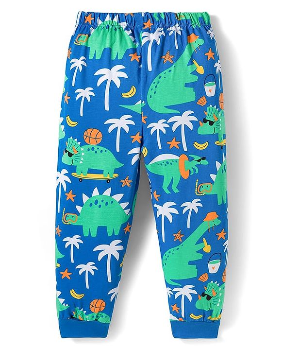 Babyhug Cotton Knit Full Sleeves Co-ord Night Suit With Dino Print - Blue
