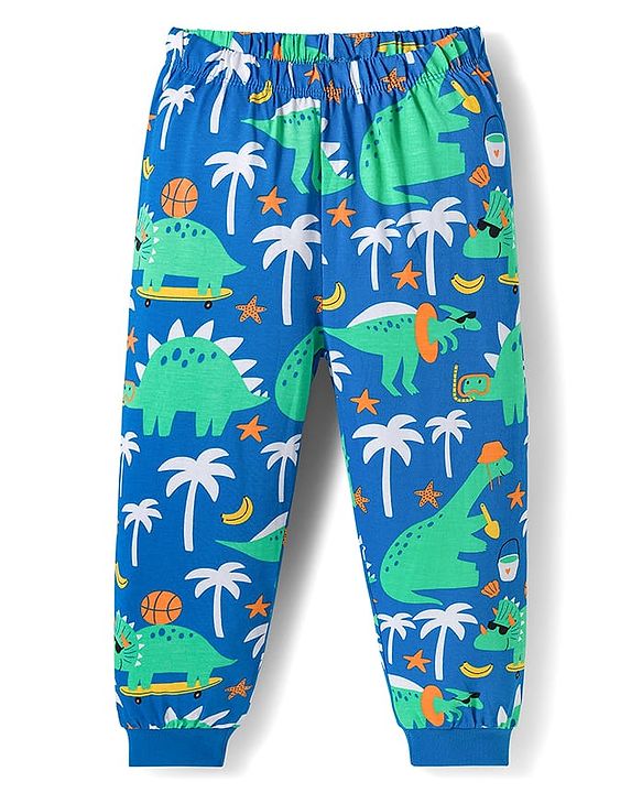 Babyhug Cotton Knit Full Sleeves Co-ord Night Suit With Dino Print - Blue