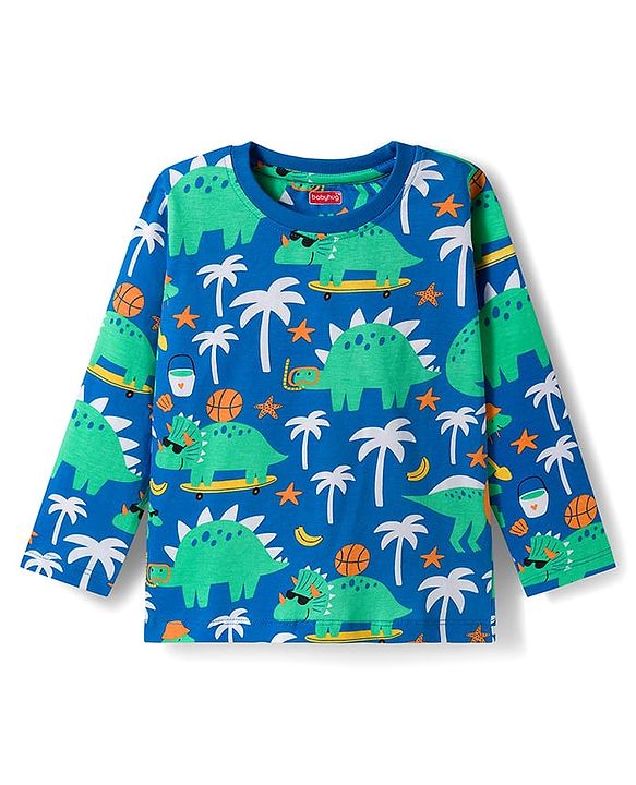 Babyhug Cotton Knit Full Sleeves Co-ord Night Suit With Dino Print - Blue