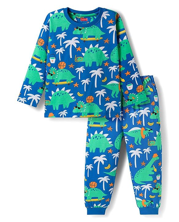 Babyhug Cotton Knit Full Sleeves Co-ord Night Suit With Dino Print - Blue