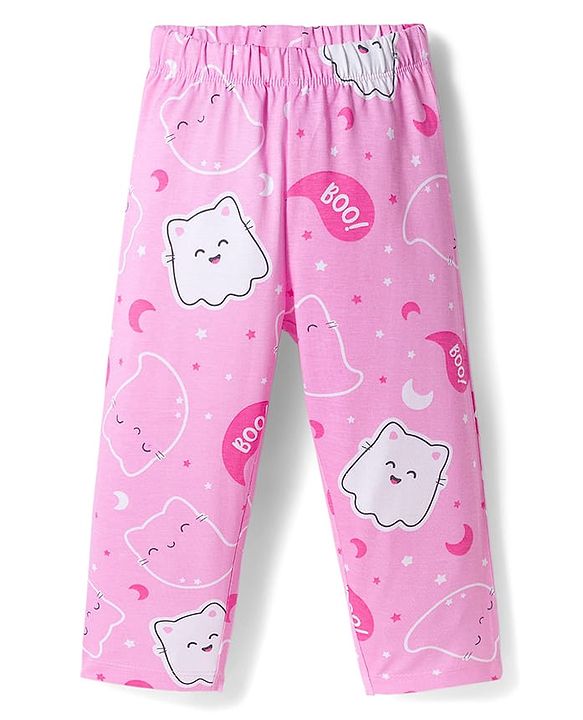 Babyhug Cotton Knit Full Sleeves Co-ords Night Suit with Kitty Print - Pink