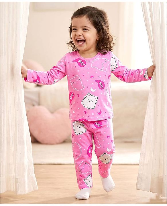 Babyhug Cotton Knit Full Sleeves Co-ords Night Suit with Kitty Print - Pink