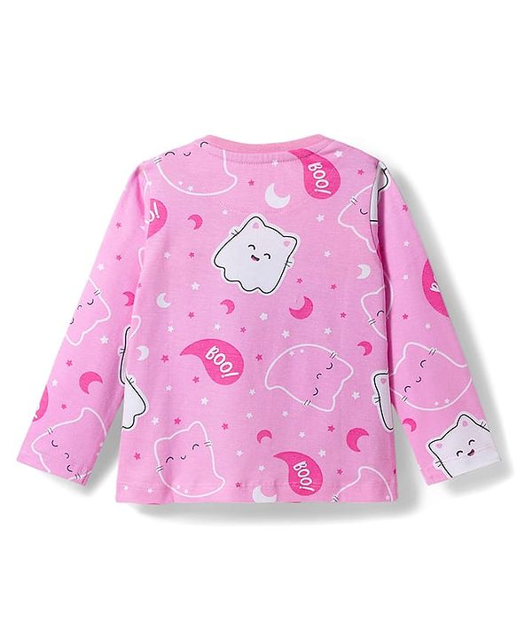 Babyhug Cotton Knit Full Sleeves Co-ords Night Suit with Kitty Print - Pink