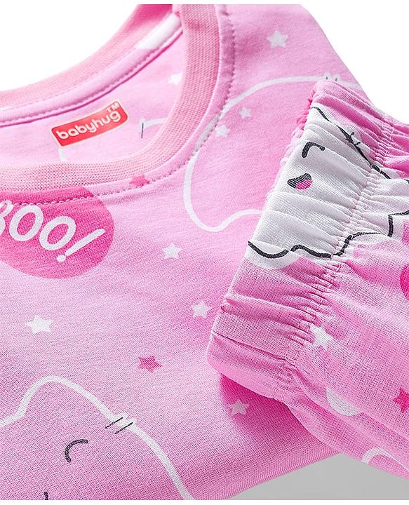 Babyhug Cotton Knit Full Sleeves Co-ords Night Suit with Kitty Print - Pink