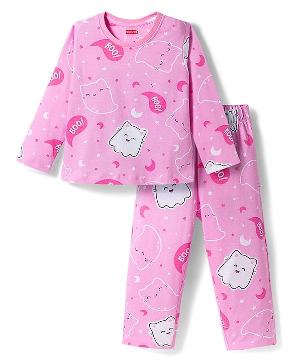 Babyhug Cotton Knit Full Sleeves Co-ords Night Suit with Kitty Print - Pink