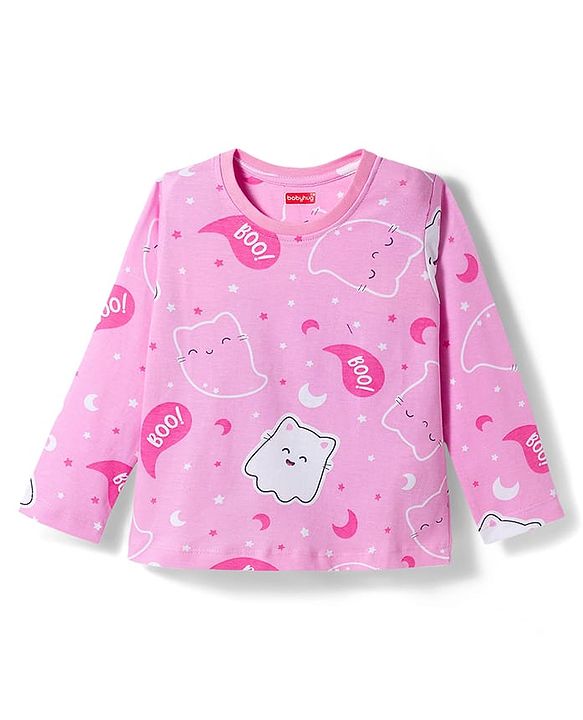 Babyhug Cotton Knit Full Sleeves Co-ords Night Suit with Kitty Print - Pink