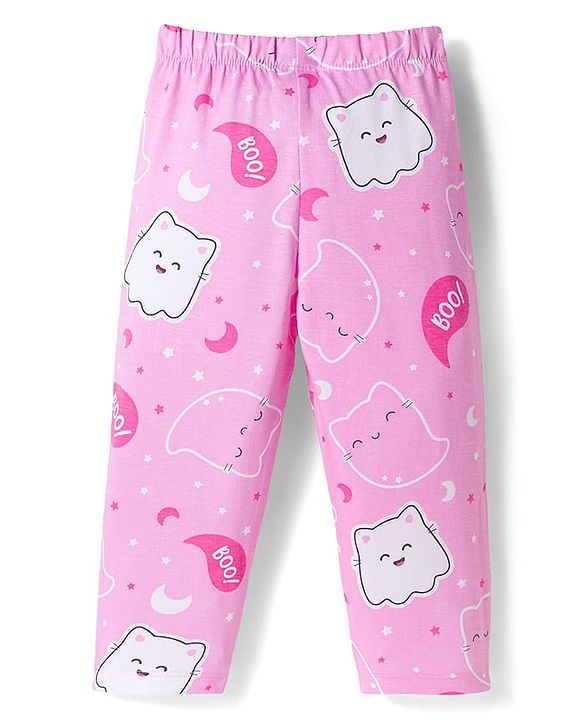 Babyhug Cotton Knit Full Sleeves Co-ords Night Suit with Kitty Print - Pink
