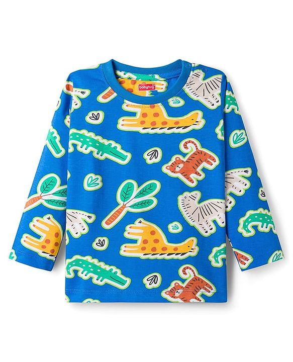 Babyhug Cotton Knit Full Sleeves Co-ords Night Suit With Tiger Print - Blue