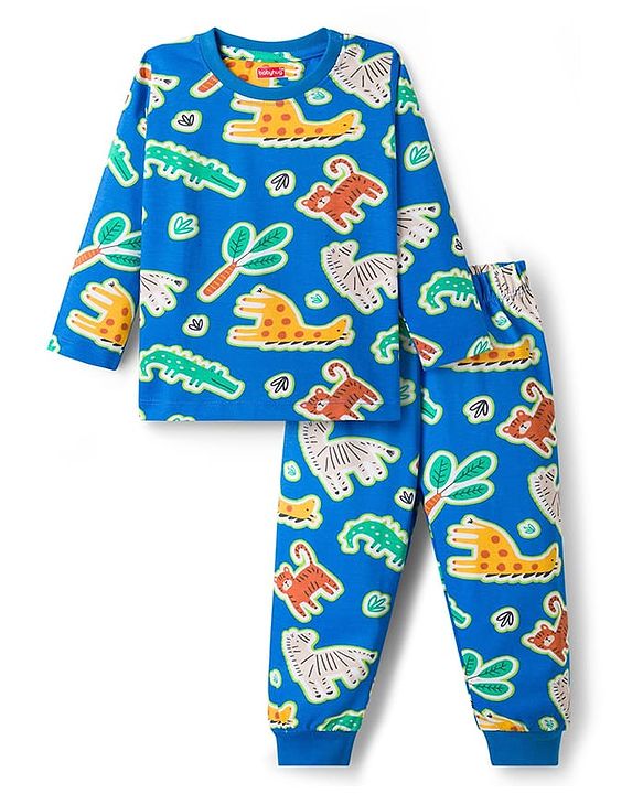 Babyhug Cotton Knit Full Sleeves Co-ords Night Suit With Tiger Print - Blue