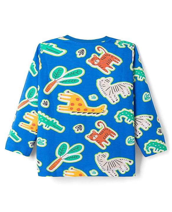 Babyhug Cotton Knit Full Sleeves Co-ords Night Suit With Tiger Print - Blue