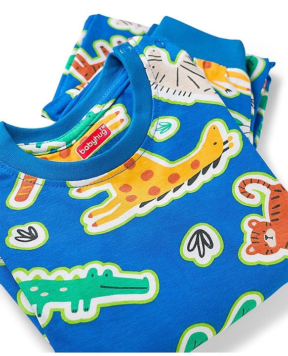 Babyhug Cotton Knit Full Sleeves Co-ords Night Suit With Tiger Print - Blue