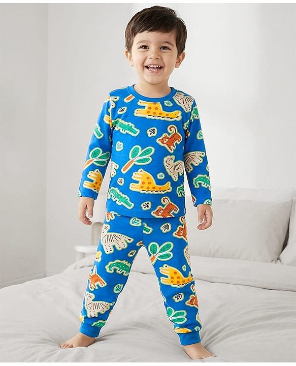 Babyhug Cotton Knit Full Sleeves Co-ords Night Suit With Tiger Print - Blue