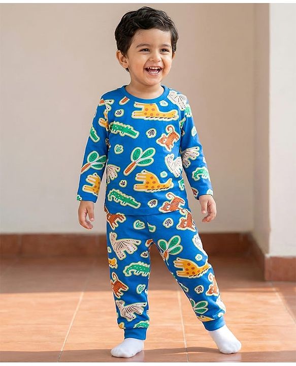 Babyhug Cotton Knit Full Sleeves Co-ords Night Suit With Tiger Print - Blue