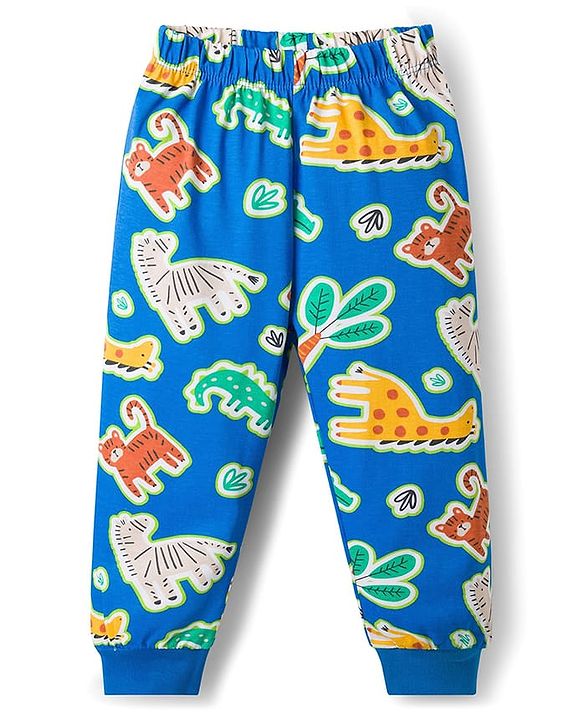 Babyhug Cotton Knit Full Sleeves Co-ords Night Suit With Tiger Print - Blue