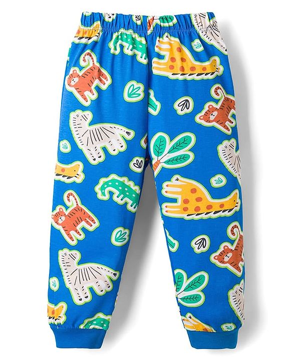 Babyhug Cotton Knit Full Sleeves Co-ords Night Suit With Tiger Print - Blue