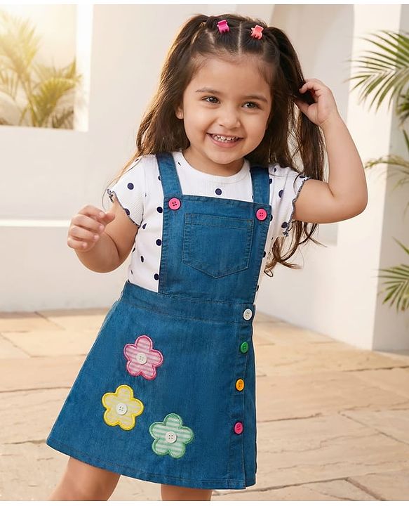 Babyhug Cotton Woven Frock with Half Sleeves Inner Tee with Polka Dot Print & Floral Patch - Blue & White