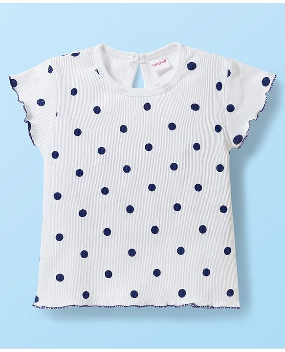 Babyhug Cotton Woven Frock with Half Sleeves Inner Tee with Polka Dot Print & Floral Patch - Blue & White
