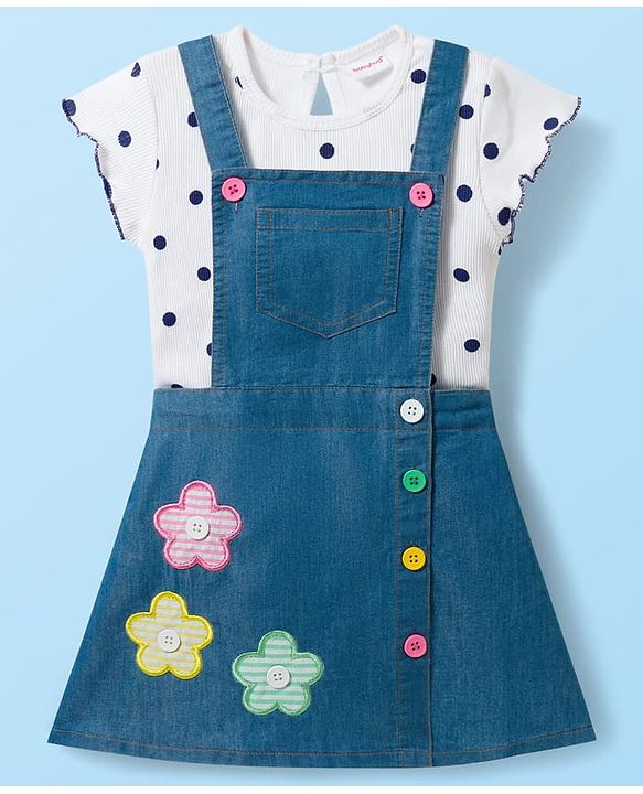 Babyhug Cotton Woven Frock with Half Sleeves Inner Tee with Polka Dot Print & Floral Patch - Blue & White
