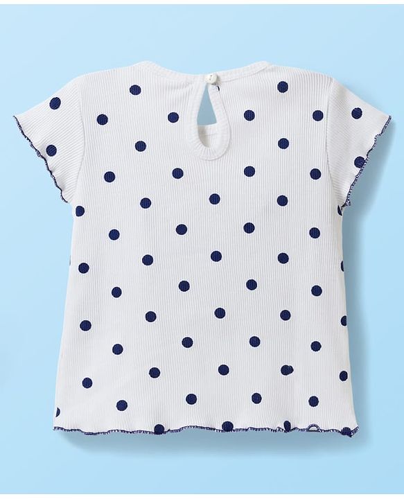 Babyhug Cotton Woven Frock with Half Sleeves Inner Tee with Polka Dot Print & Floral Patch - Blue & White