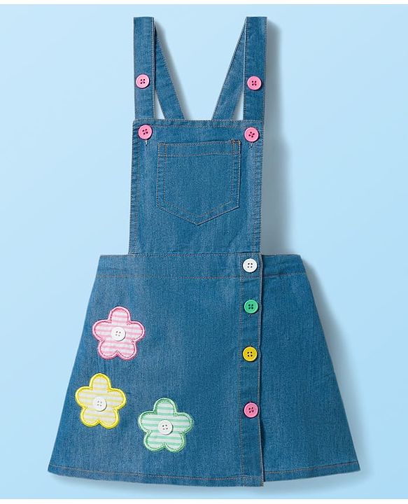 Babyhug Cotton Woven Frock with Half Sleeves Inner Tee with Polka Dot Print & Floral Patch - Blue & White