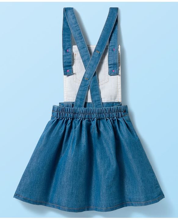 Babyhug Cotton Woven Frock with Half Sleeves Inner Tee with Polka Dot Print & Floral Patch - Blue & White