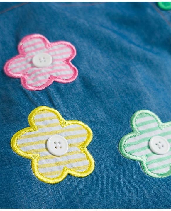 Babyhug Cotton Woven Frock with Half Sleeves Inner Tee with Polka Dot Print & Floral Patch - Blue & White