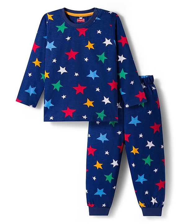Babyhug Cotton Knit Full Sleeves Co-ord Night Suit With Star Print - Navy Blue