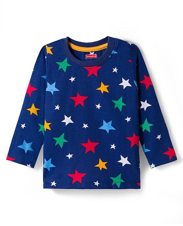Babyhug Cotton Knit Full Sleeves Co-ord Night Suit With Star Print - Navy Blue