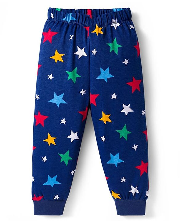 Babyhug Cotton Knit Full Sleeves Co-ord Night Suit With Star Print - Navy Blue