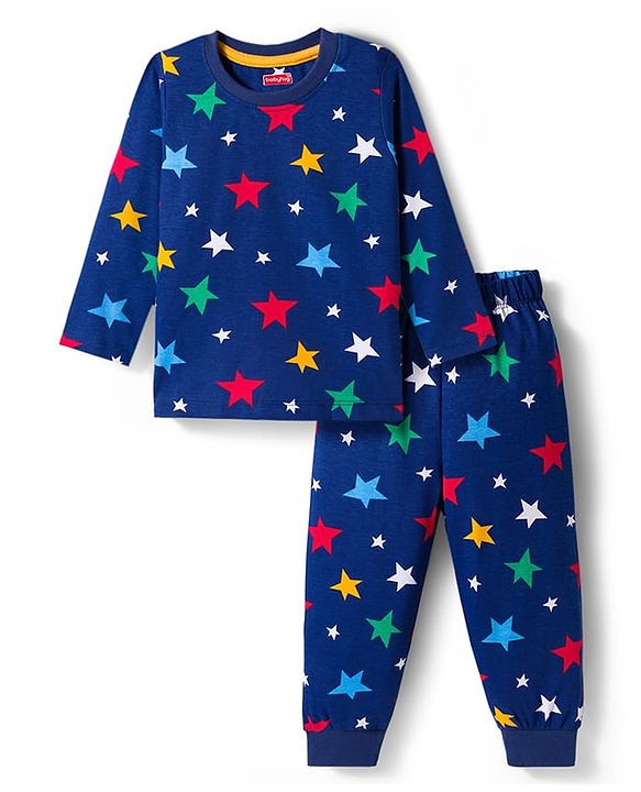 Babyhug Cotton Knit Full Sleeves Co-ord Night Suit With Star Print - Navy Blue