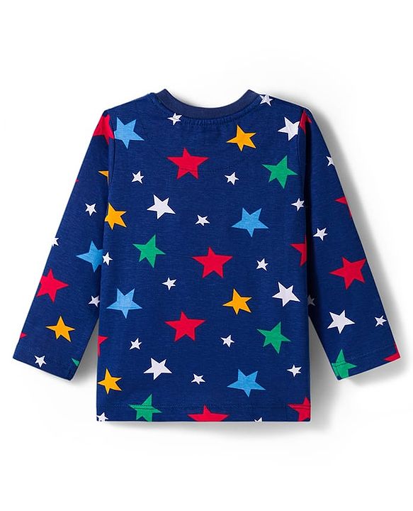 Babyhug Cotton Knit Full Sleeves Co-ord Night Suit With Star Print - Navy Blue