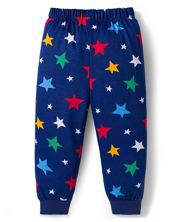 Babyhug Cotton Knit Full Sleeves Co-ord Night Suit With Star Print - Navy Blue