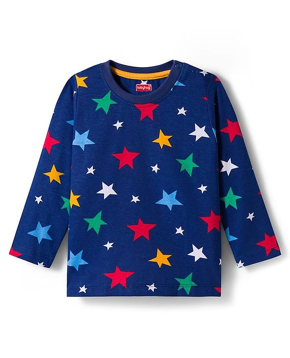 Babyhug Cotton Knit Full Sleeves Co-ord Night Suit With Star Print - Navy Blue