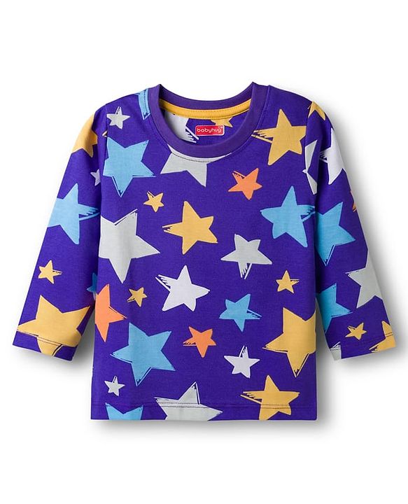 Babyhug Cotton Knit Full Sleeves T-Shirt & Pyjama Co-ord Night Suit With Star Print - Purple
