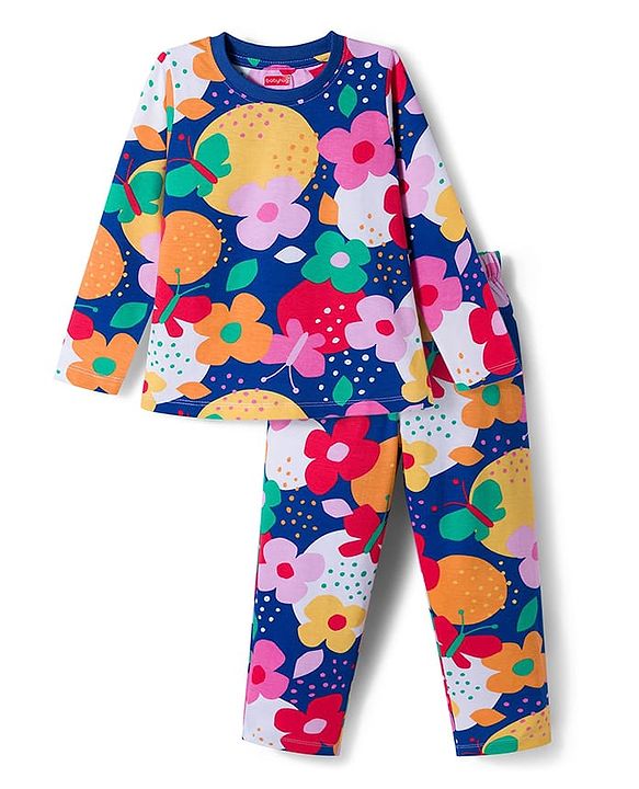 Babyhug Cotton Knit Full Sleeves Co-ord Night Suit With Floral Print - Navy Blue